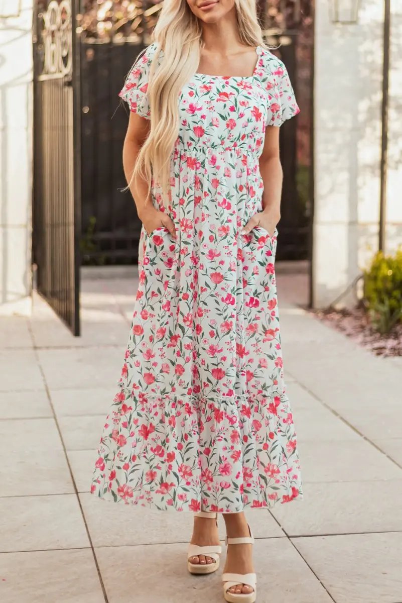 Pink Floral Puff Sleeve Square Neck Empire Waist Maxi Dress - Love Salve